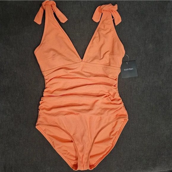 Ellen tracy Women's Coral Ruched Shoulder Ties V Neck One Piece Swimsuit Size 12 - Picture 1 of 12